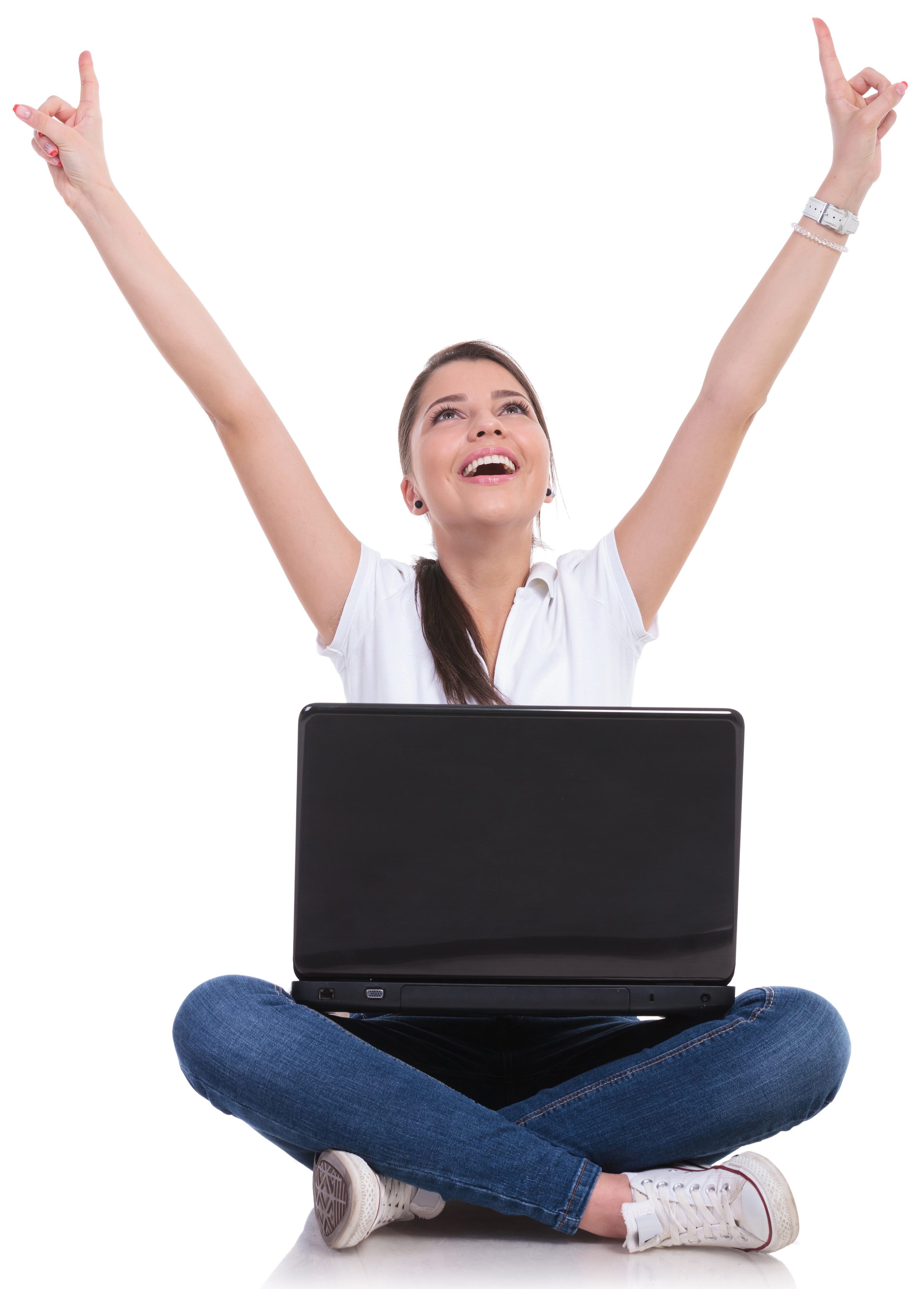 casual woman sits & cheers with laptop Woman happy after computer repair in Vancouver