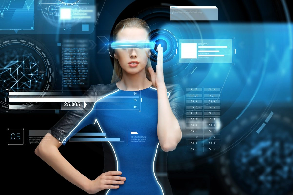 woman with cyber implants computer virus and cybersecurity